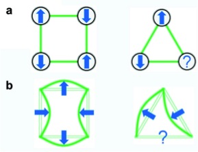 Fig. 3. (a) In antiferromagnetic systems nearest neighbor spins want to align in the opposite directions. This rule can be satisfied on the square, however due to geometrical frustration it is not possible on the triangle. (b) Buckled beams on frames want to preserve angles at joints to minimize the deformation energy. This can be realized for square frames, but not for the frustrated triangular frames.